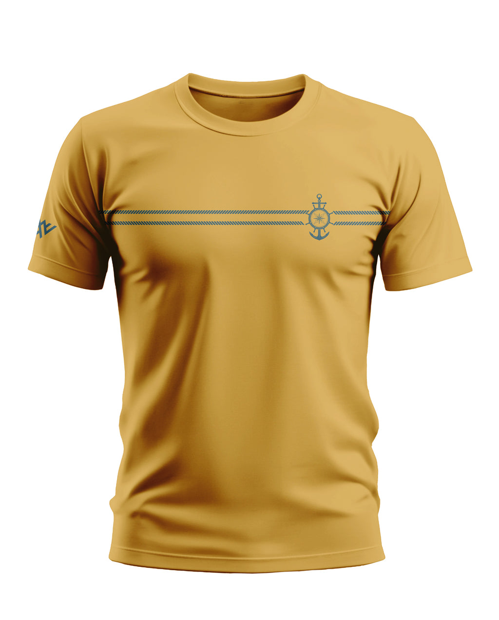 Yellow men's t-shirt with navy rope and anchor emblem, short sleeves, crew neck