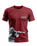 Maroon men's t-shirt with Himalayan text and soldier graphic in camouflage gear aiming rifle