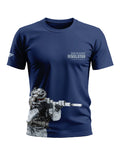 Navy blue men's t-shirt featuring 'Himalayan' text and soldier graphic with rifle on lower front.