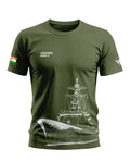 Olive green men's t-shirt with Indian Navy ship graphic, flag patch, and military style print