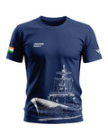 Navy blue men's t-shirt with Indian Navy ship graphic and Indian flag on sleeve