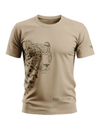 Beige men's t-shirt with leopard face graphic and 'Boundless Hunt' text printed on front