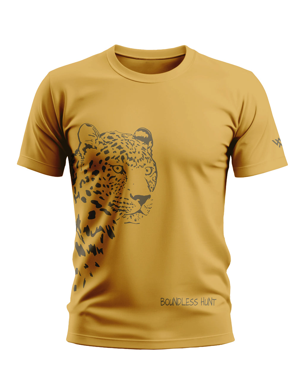 Yellow men’s t-shirt with abstract leopard face graphic and 'Boundless Hunt' text print.
