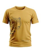 Yellow men’s t-shirt with abstract leopard face graphic and 'Boundless Hunt' text print.