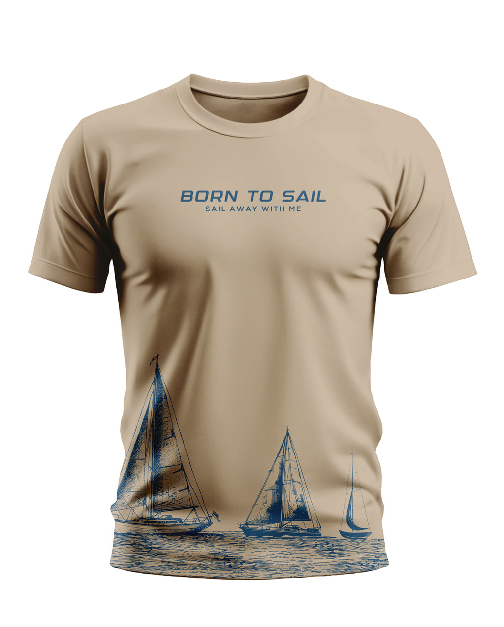 Beige men's t-shirt with blue 'Born to Sail' text and sailboat graphic design