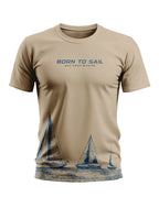 Beige men's t-shirt with blue 'Born to Sail' text and sailboat graphic design