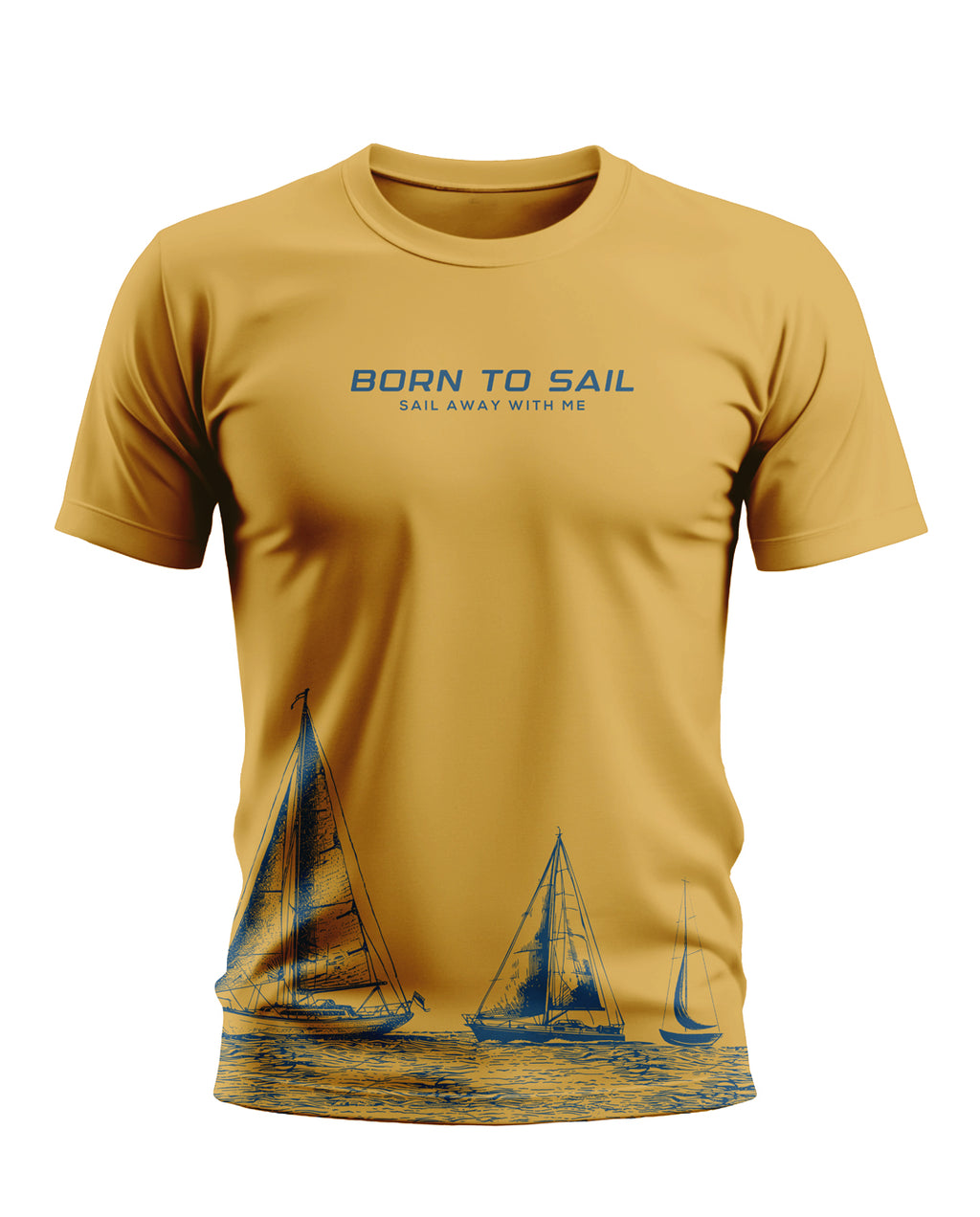 Yellow men's t-shirt with 'Born to Sail' text and sailboat graphic print, nautical theme