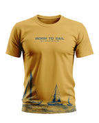 Yellow men's t-shirt with 'Born to Sail' text and sailboat graphic print, nautical theme