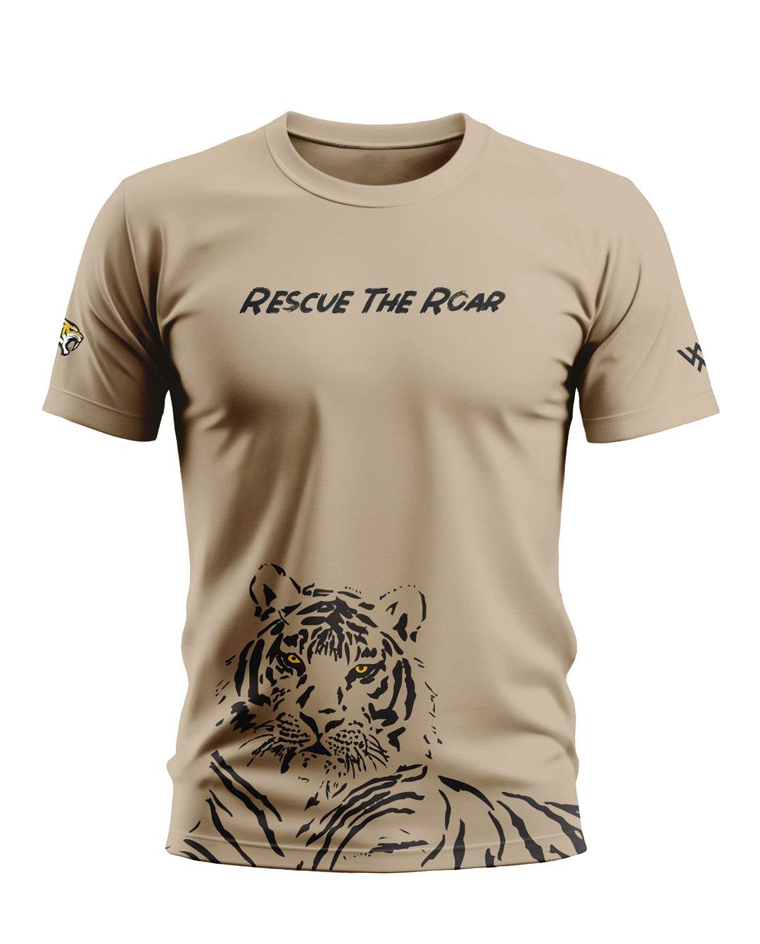 Beige men's T-shirt with 'Rescue The Roar' text and a tiger graphic on the front.
