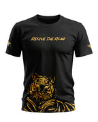 Black men's t-shirt with yellow tiger graphic and 'Rescue The Roar' text, short sleeves