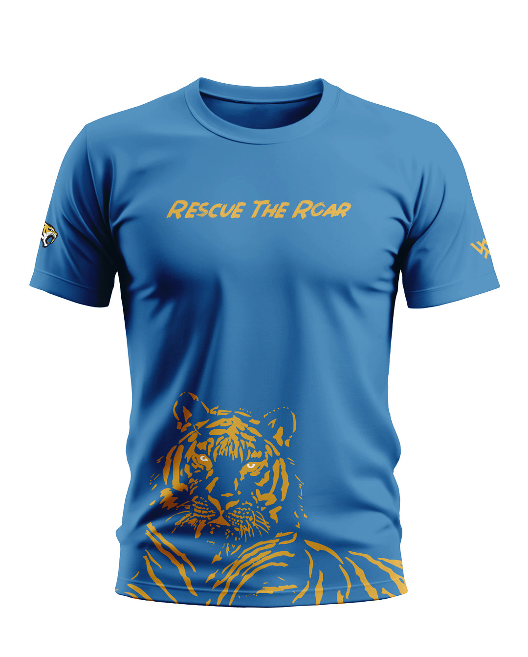 Blue men's t-shirt with 'Rescue The Roar' yellow text and tiger graphic, army-inspired fashion
