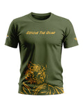 Olive green men's t-shirt with 'Rescue The Roar' text and a tiger graphic print