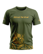 Olive green men's t-shirt with 'Rescue The Roar' text and a tiger graphic print