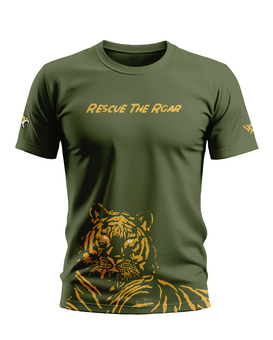 Olive green men's t-shirt with 'Rescue The Roar' text and a tiger graphic print