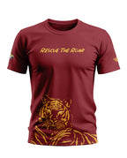 Maroon men's t-shirt with 'Rescue The Roar' text and yellow tiger graphic, casual wear