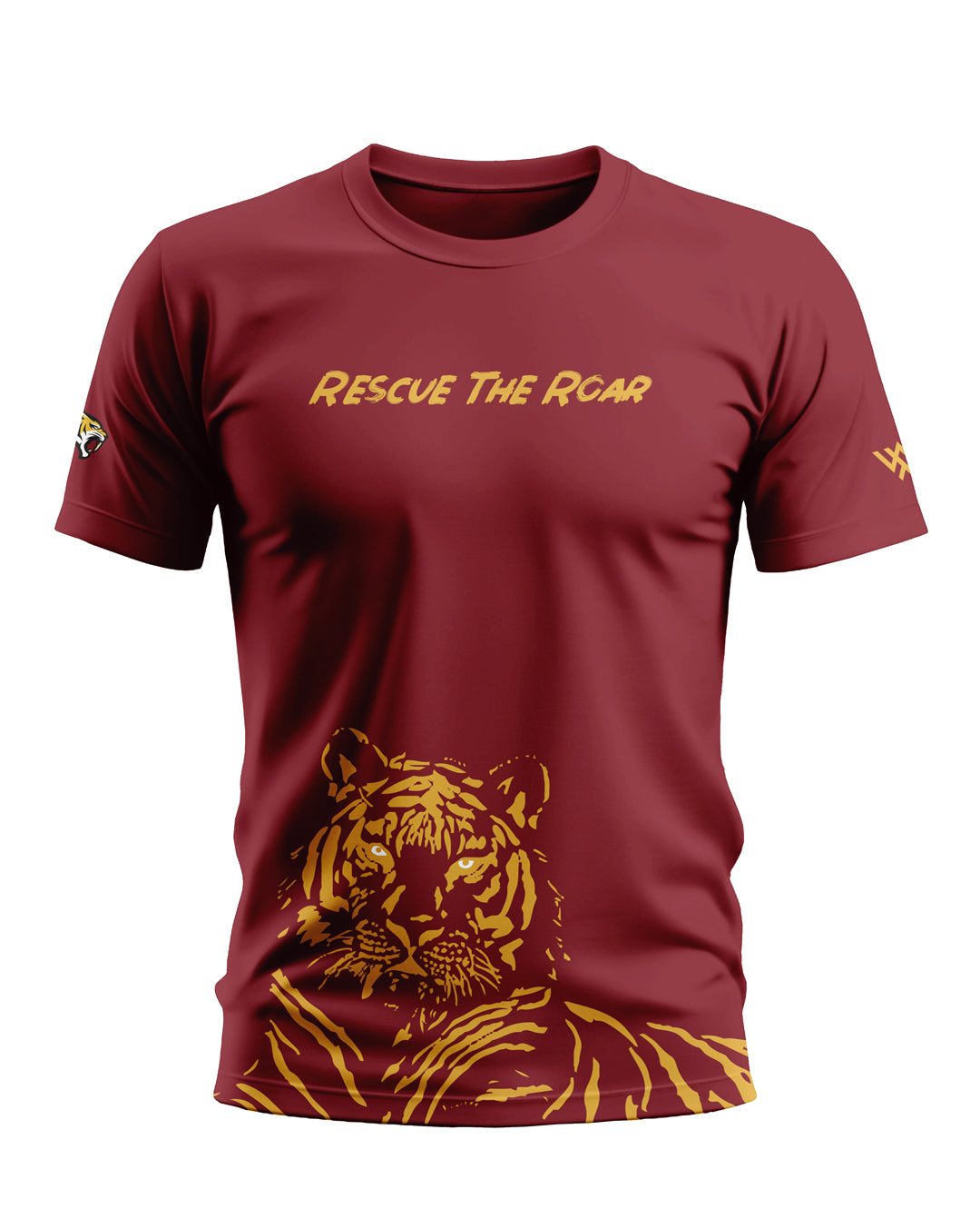 Maroon men's t-shirt with 'Rescue The Roar' text and yellow tiger graphic, casual wear