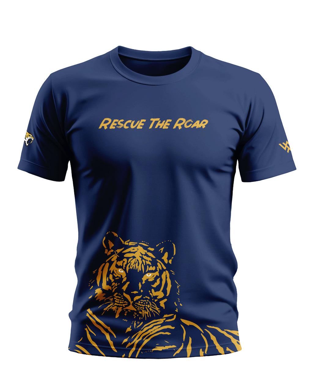 Navy blue men's t-shirt with yellow 'Rescue The Roar' text and tiger graphic print