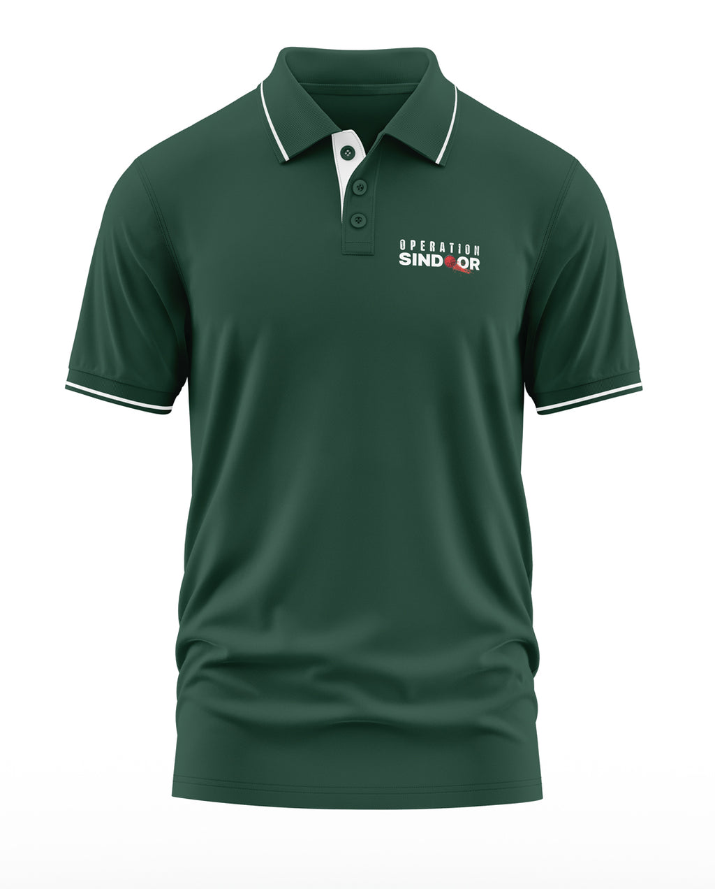 Dark green men's polo t-shirt with 'Operation SINDOOR' chest logo and white trim details.