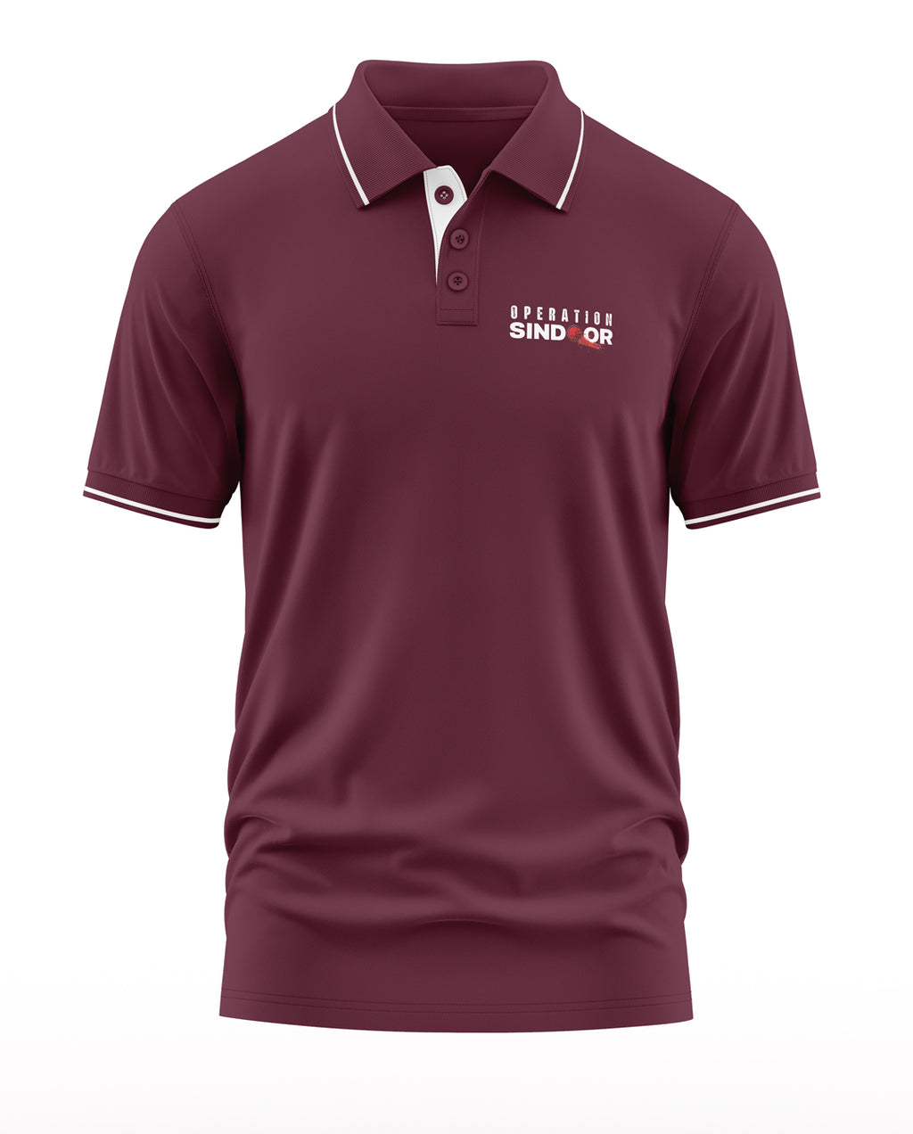 Maroon men's polo t-shirt with white piping and 'Operation Sindoor' chest text