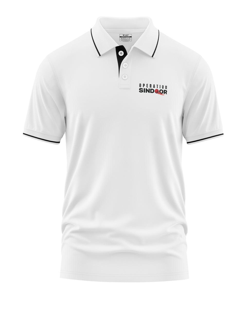 White men's polo t-shirt with 'Operation SindoOR' text, black collar and sleeve piping.