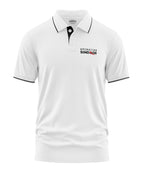 White men's polo t-shirt with 'Operation SindoOR' text, black collar and sleeve piping.