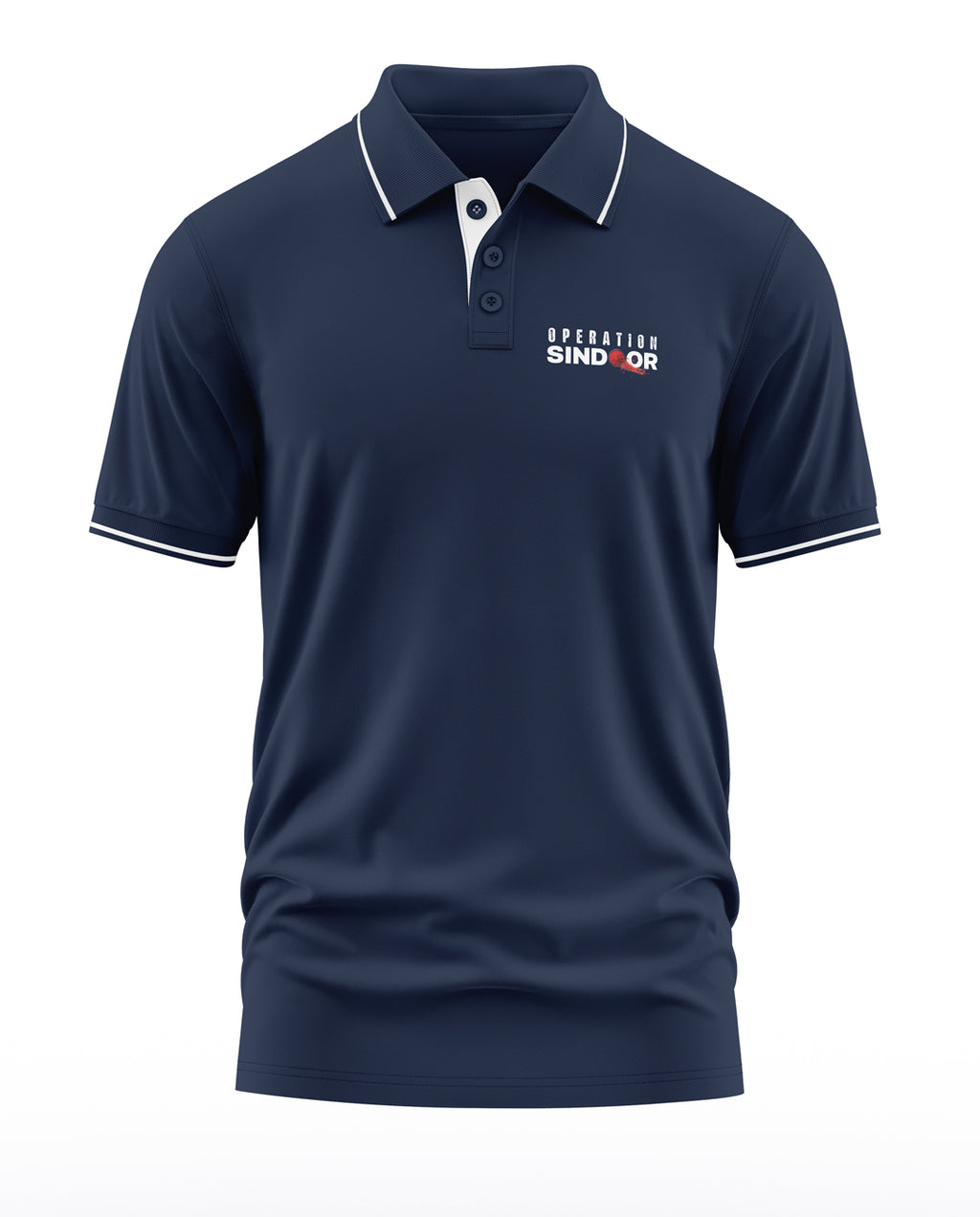 Navy blue men's polo t-shirt with 'Operation Sindoor' chest print, white trim, short sleeves