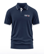Navy blue men's polo t-shirt with 'Operation Sindoor' chest print, white trim, short sleeves