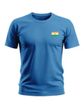 Men's blue crew neck t-shirt with small Indian flag graphic on chest, short sleeves
