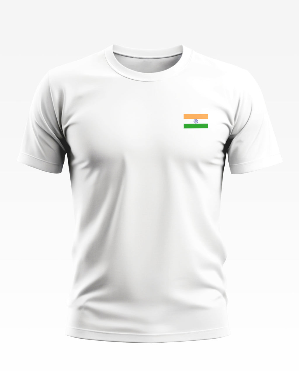 White men's t-shirt with small Indian flag graphic on the chest, short sleeves, plain background