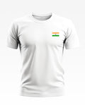White men's t-shirt with small Indian flag graphic on the chest, short sleeves, plain background