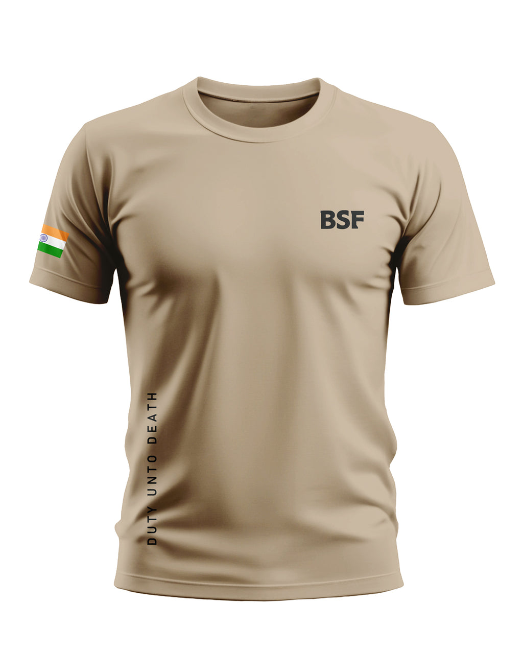 Beige men's t-shirt with BSF text, Indian flag on sleeve, and 'Duty Unto Death' printed on side.
