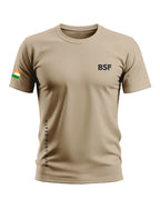 Beige men's t-shirt with BSF text, Indian flag on sleeve, and 'Duty Unto Death' printed on side.