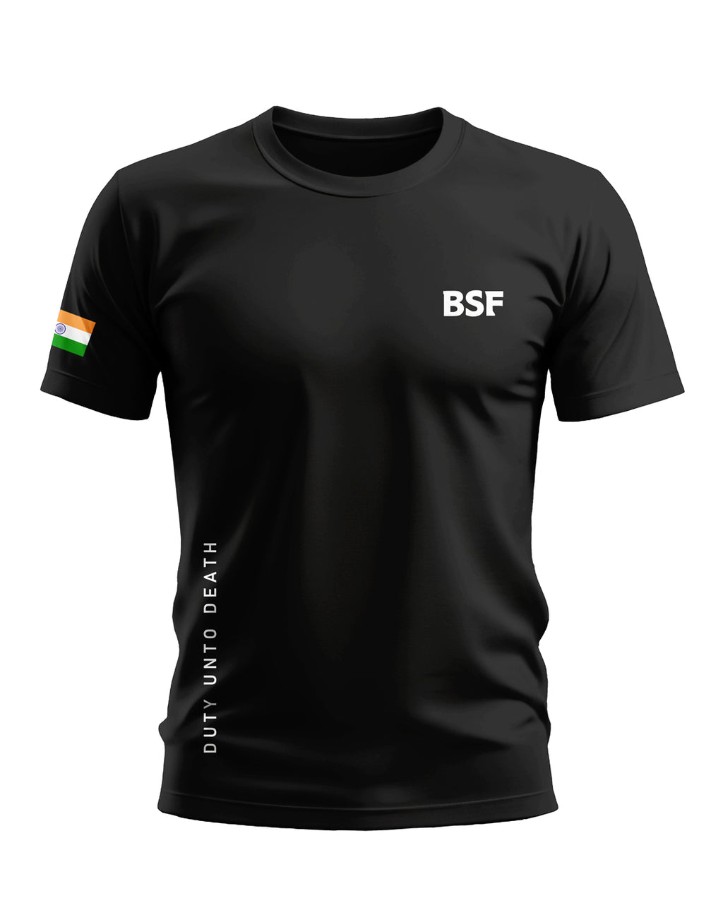 Black BSF men's t-shirt with Indian flag on sleeve and 'Duty Unto Death' text on side