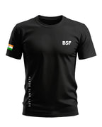 Black BSF men's t-shirt with Indian flag on sleeve and 'Duty Unto Death' text on side