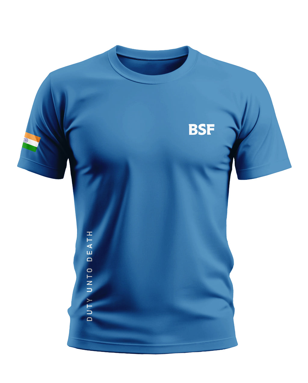 Blue men's t-shirt with white BSF text, Indian flag on sleeve, and 'Duty Unto Death' print