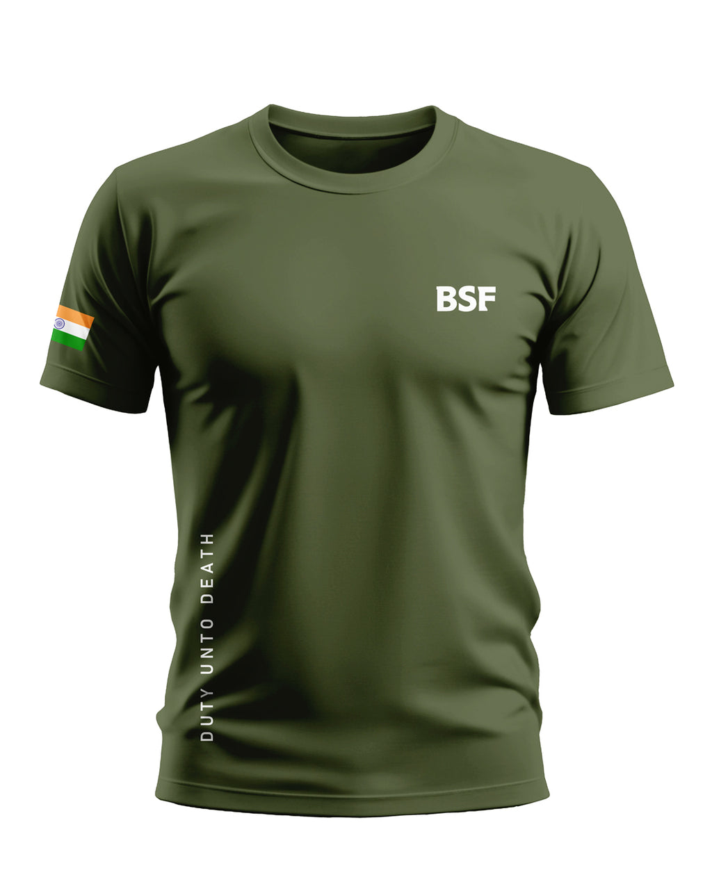 Olive green men's BSF t-shirt with Indian flag patch and 'Duty Unto Death' text.