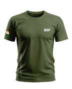 Olive green men's BSF t-shirt with Indian flag patch and 'Duty Unto Death' text.