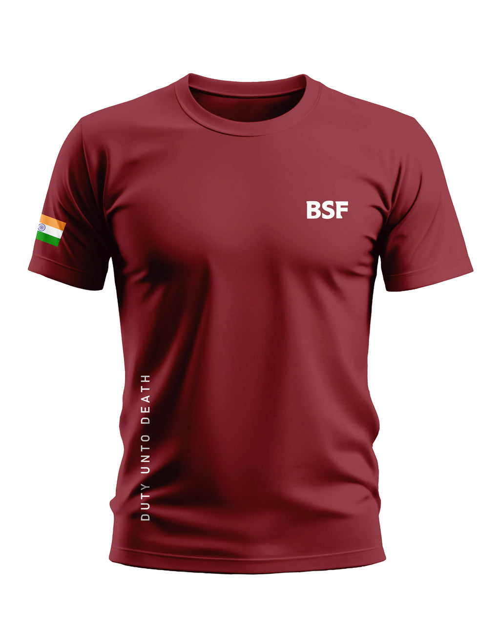 Maroon BSF men's t-shirt with Indian flag patch and 'Duty Unto Death' text on side