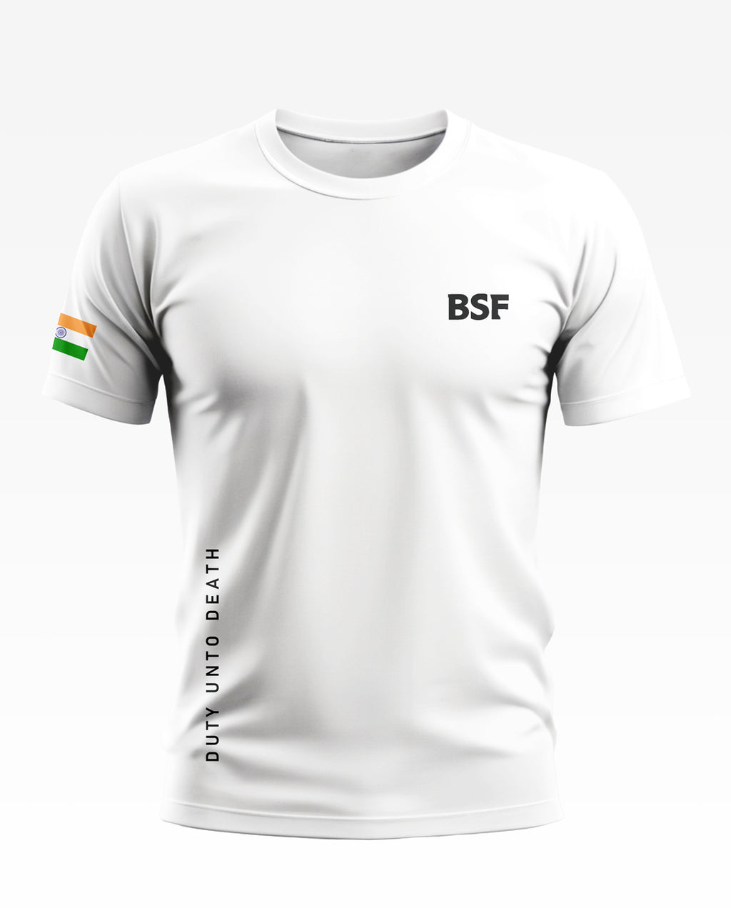 White men's t-shirt with BSF text, Indian flag on sleeve, and 'Duty Unto Death' slogan.