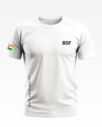 White men's t-shirt with BSF text, Indian flag on sleeve, and 'Duty Unto Death' slogan.