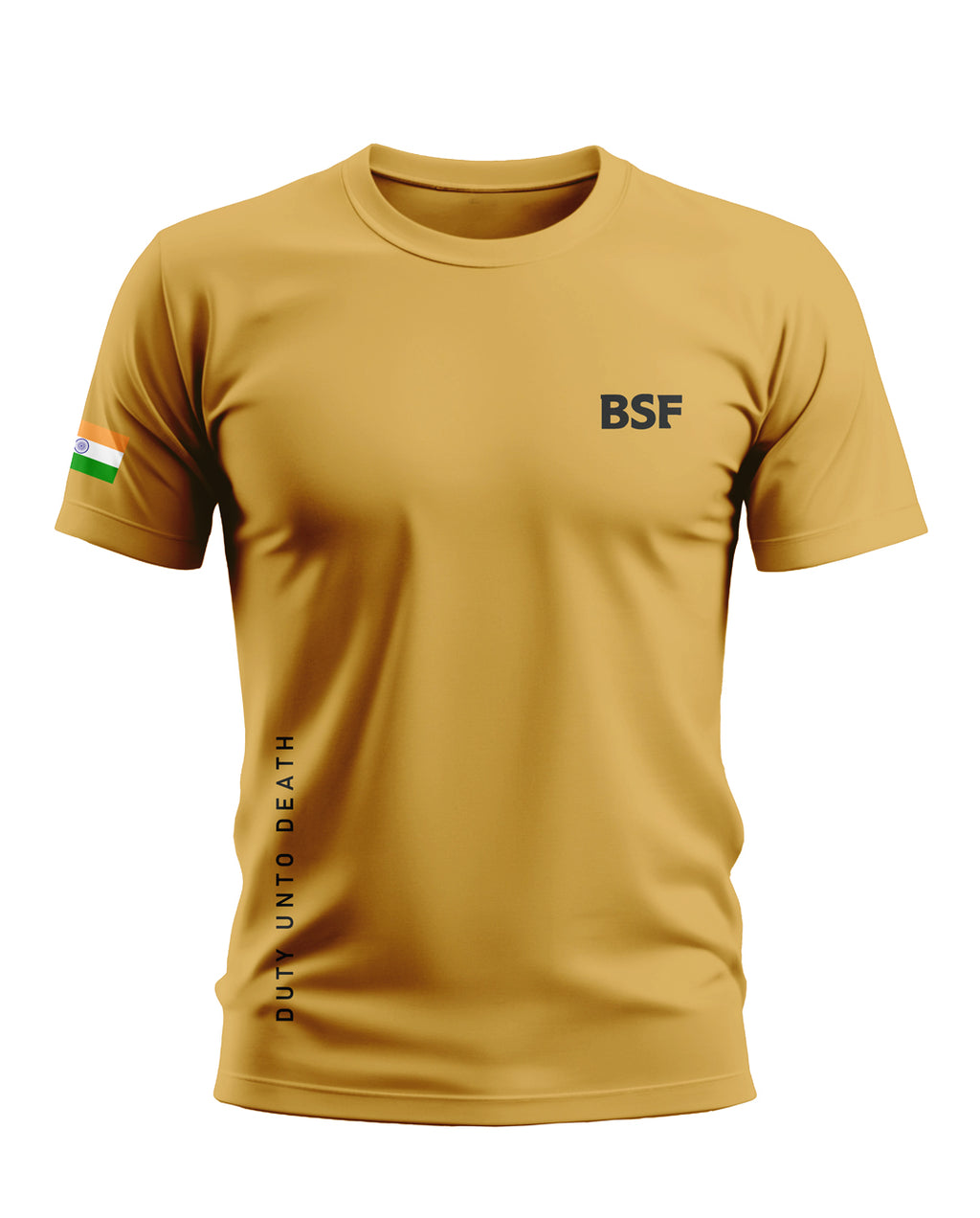 Yellow men's t-shirt with BSF text, Indian flag on sleeve, and Duty Unto Death printed on side
