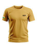 Yellow men's t-shirt with BSF text, Indian flag on sleeve, and Duty Unto Death printed on side
