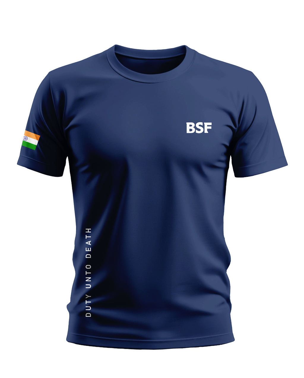 Navy blue men's t-shirt with 'BSF' print, Indian flag on sleeve, and 'DUTY UNTO DEATH' text on side.