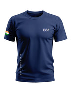 Navy blue men's t-shirt with 'BSF' print, Indian flag on sleeve, and 'DUTY UNTO DEATH' text on side.
