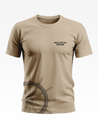 Beige men's t-shirt with 'Nautical Pride' text and ship wheel graphic, short sleeves