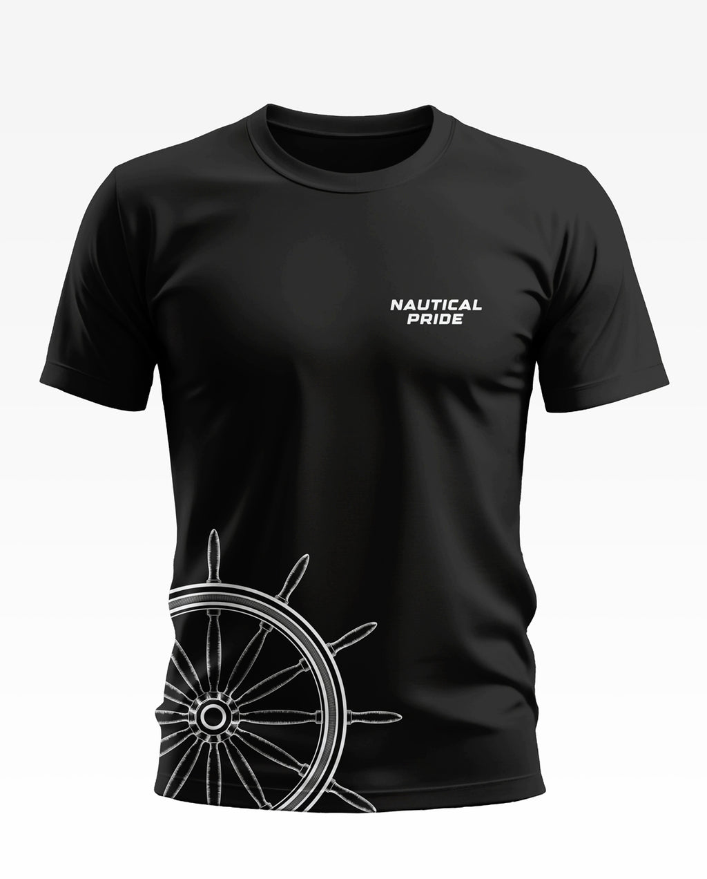 Black men's t-shirt with 'Nautical Pride' text and white ship wheel graphic design