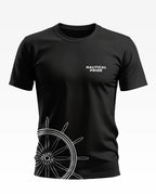 Black men's t-shirt with 'Nautical Pride' text and white ship wheel graphic design