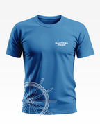 Blue men's T-shirt with 'Nautical Pride' text and white ship wheel graphic on lower side