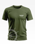 Olive green men's t-shirt with 'Nautical Pride' text and ship wheel graphic, short sleeves