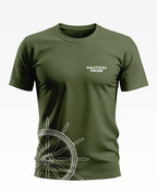 Olive green men's t-shirt with 'Nautical Pride' text and ship wheel graphic, short sleeves
